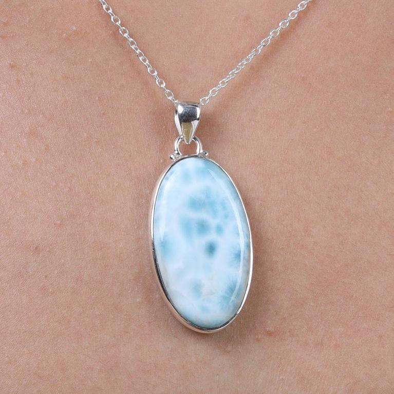 Natürlicher Larimar Anhänger, 925 Sterling Silber Halskette, Blauer Edelstein Oval Boho Statement Geschenk Für Sie von jewelrygemshouse