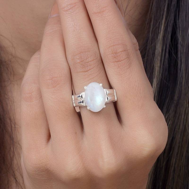 Regenbogen Mondstein Ring, Natürlicher Ovale Form Cabochon Sterling Silber Ring Für Frauen, Verlobungsring von jewelrygemshouse