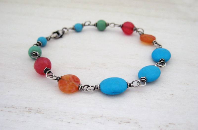 Edelstein Silber Armband-Türkis Armband, Oxidiertes Sterling Splitter, Buntes Draht Gewickelt Schmuck, Chalcedon Armband von jewelsbyn