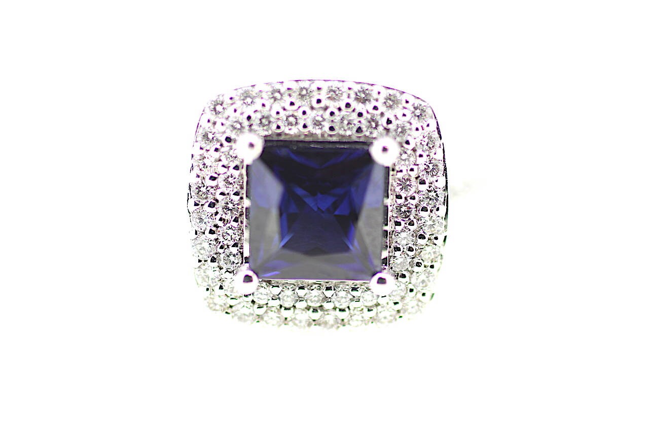 Princess Cut Saphir Ring/Diamant Doppel Halo Weißgold Dunkler Viereckiger von jewelsmayuk
