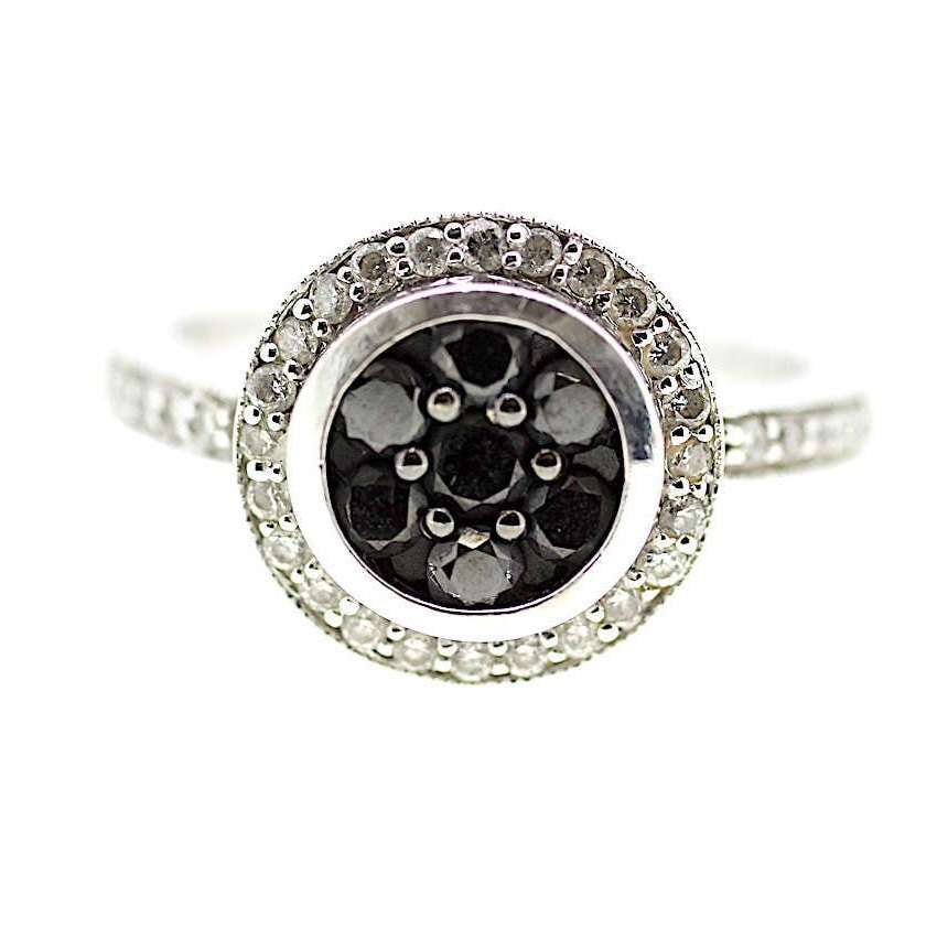 Schwarz Weißer Diamant Ring/Schwarzer Eclipse Halo Runder Kontrastierender von jewelsmayuk