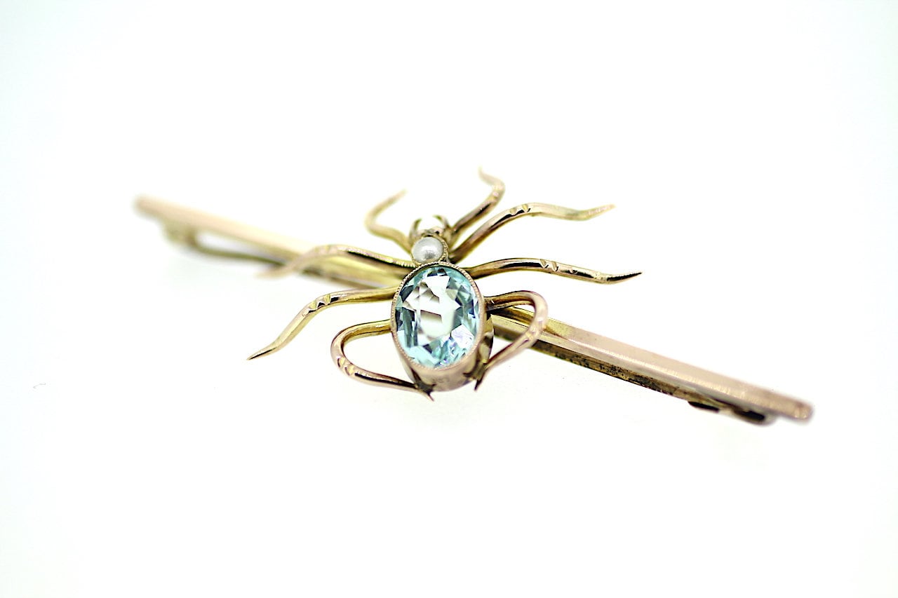 Vintage Aquamarin Perlen Brosche/Spinnen /Natürliche Große Brosche/Antike 9 Karat Gold von jewelsmayuk