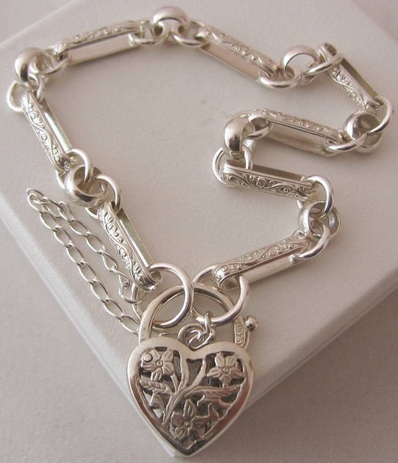 Echtes Solid 925 Sterling Silver Vintage Design Armband Mit Filigranem Vorhängeschloss von jewelwill