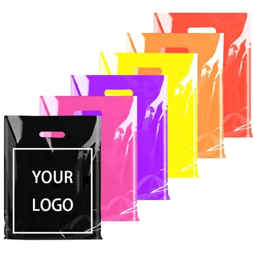 jfs Einkaufstaschen mit individuellem Logo, farbige Einkaufstaschen mit Griffen, wiederverwendbare Einkaufstaschen, Kunststoff-Geschenktüten, personalisiertes Logo, personalisiertes Logo, 100 Stück, von jfs