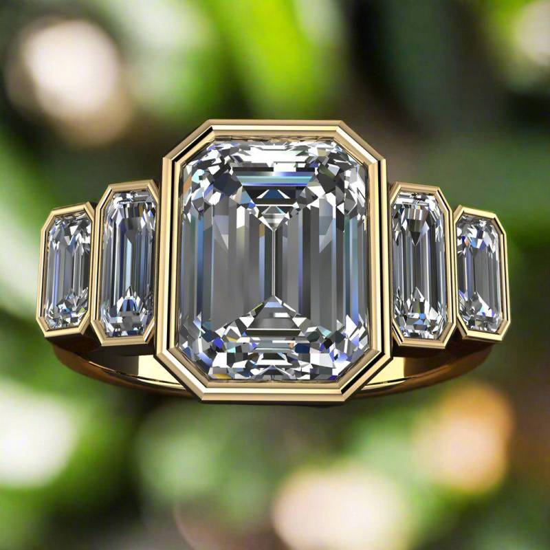 Moissanit-Verlobungsring Im Smaragdschliff, Verfügbar Mit Diamant Labor Gewachsen, Ring 5 Steinen, Verlobungsring Lünette - Schneiderring von jhollywooddesigns