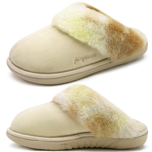 jiajiale Damen Hausschuhe Ladies Gemütlich Warm Flauschig Slipper für Winter Slip On Weiches Kissen Memory Foam Hausschuhe mit Harten Gummisohle Indoor Outdoor Beige EU41 von jiajiale