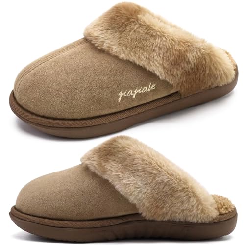 jiajiale Damen Hausschuhe Ladies Gemütlich Warm Flauschig Slipper für Winter Slip On Weiches Kissen Memory Foam Hausschuhe mit Harten Gummisohle Indoor Outdoor Braun EU43 von jiajiale