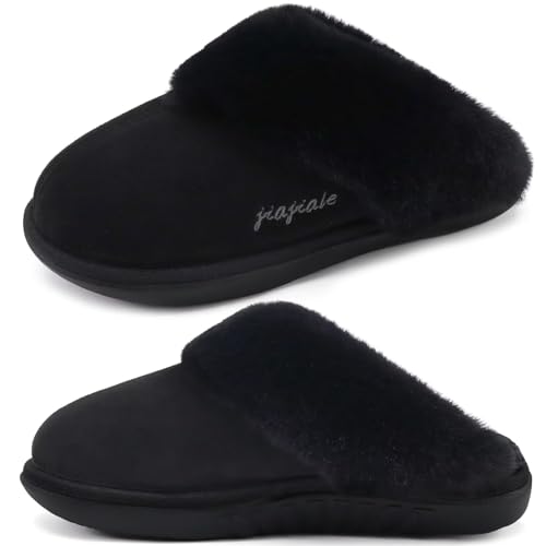 jiajiale Damen Hausschuhe Ladies Gemütlich Warm Flauschig Slipper für Winter Slip On Weiches Kissen Memory Foam Hausschuhe mit Harten Gummisohle Indoor Outdoor Schwarz EU43 von jiajiale
