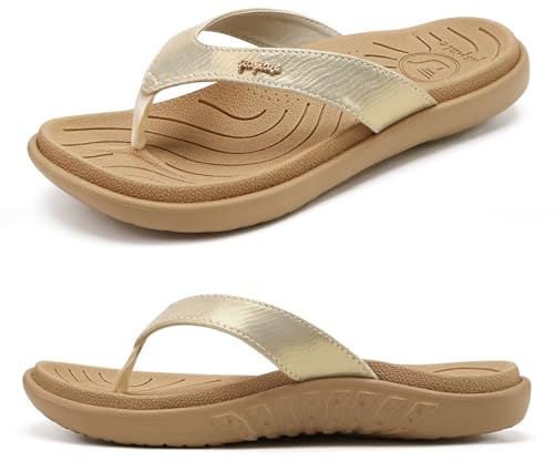jiajiale Flip Flops Damen Mode Orthopädische Leder Stoff Leicht Zehentrenner Frauen Bequeme Yoga Fußbett Badelatschen Sommer Strand Rutschfest Feste Gummi Sohle Beige EU43 von jiajiale