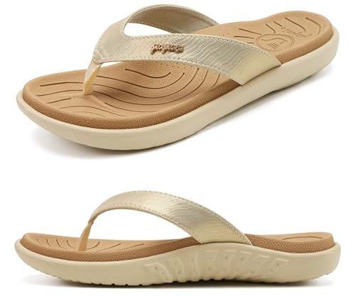 jiajiale Flip Flops Damen Mode Orthopädische Leder Stoff Leicht Zehentrenner Frauen Bequeme Yoga Fußbett Badelatschen Sommer Strand Rutschfest Feste Gummi Sohle Beige Weiß EU41 von jiajiale