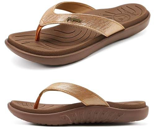 jiajiale Flip Flops Damen Mode Orthopädische Leder Stoff Leicht Zehentrenner Frauen Bequeme Yoga Fußbett Badelatschen Sommer Strand Rutschfest Feste Gummi Sohle Braun EU41 von jiajiale