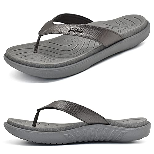 jiajiale Flip Flops Damen Mode Orthopädische Leder Stoff Leicht Zehentrenner Frauen Bequeme Yoga Fußbett Badelatschen Sommer Strand Rutschfest Feste Gummi Sohle Grau EU40 von jiajiale