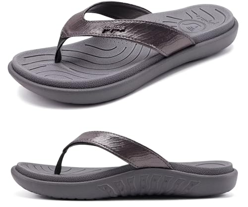 jiajiale Flip Flops Damen Mode Orthopädische Leder Stoff Leicht Zehentrenner Frauen Bequeme Yoga Fußbett Badelatschen Sommer Strand Rutschfest Feste Gummi Sohle Grau EU38.5 von jiajiale