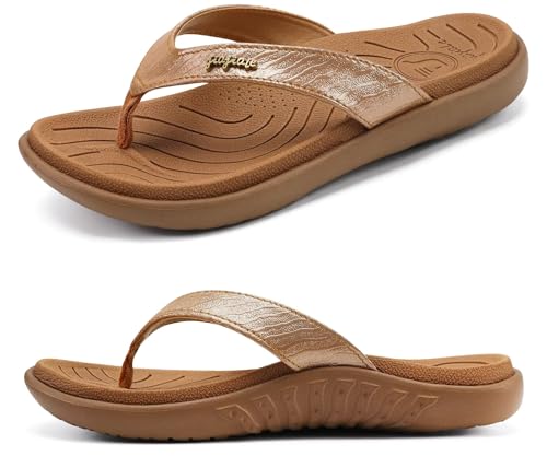 jiajiale Flip Flops Damen Mode Orthopädische Leder Stoff Leicht Zehentrenner Frauen Bequeme Yoga Fußbett Badelatschen Sommer Strand Rutschfest Feste Gummi Sohle Khaki EU39 von jiajiale