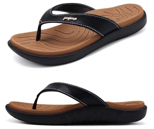 jiajiale Flip Flops Damen Mode Orthopädische Leder Stoff Leicht Zehentrenner Frauen Bequeme Yoga Fußbett Badelatschen Sommer Strand Rutschfest Feste Gummi Sohle Khaki Schwarz EU36 von jiajiale
