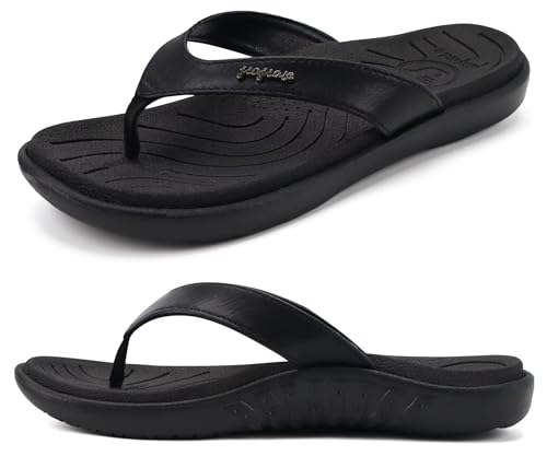 jiajiale Flip Flops Damen Mode Orthopädische Leder Stoff Leicht Zehentrenner Frauen Bequeme Yoga Fußbett Badelatschen Sommer Strand Rutschfest Feste Gummi Sohle Schwarz EU38 von jiajiale