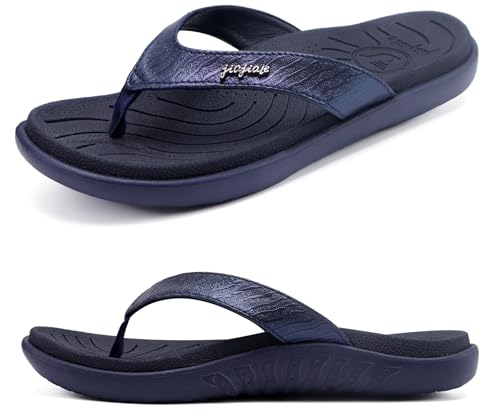 jiajiale Flip Flops Damen Mode Orthopädische Leder Stoff Leicht Zehentrenner Frauen Bequeme Yoga Fußbett Badelatschen Sommer Strand Rutschfest Feste Gummi Sohle Dunkel Blau EU40.5 von jiajiale