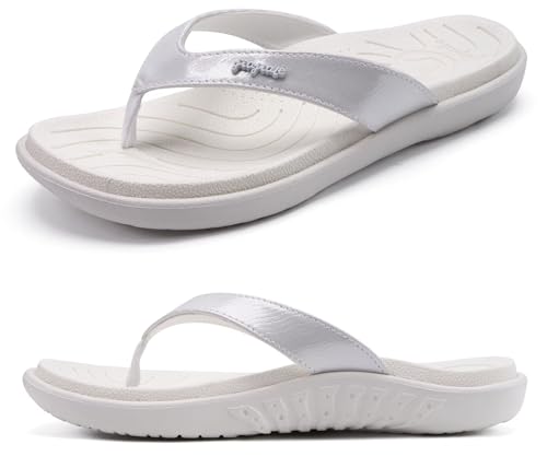 jiajiale Flip Flops Damen Mode Orthopädische Leder Stoff Leicht Zehentrenner Frauen Bequeme Yoga Fußbett Badelatschen Sommer Strand Rutschfest Feste Gummi Sohle von jiajiale