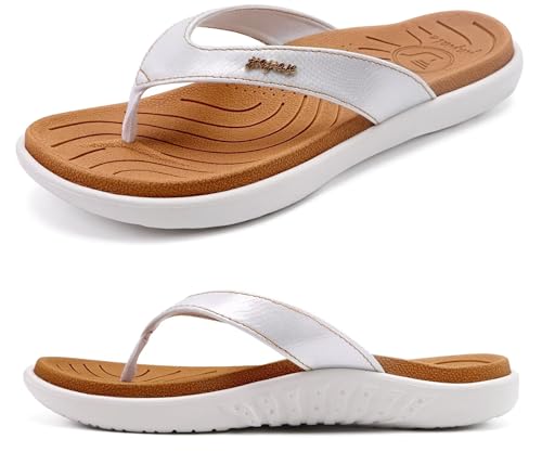 jiajiale Flip Flops Damen Mode Orthopädische Leder Stoff Leicht Zehentrenner Frauen Bequeme Yoga Fußbett Badelatschen Sommer Strand Rutschfest Feste Gummi Sohle von jiajiale