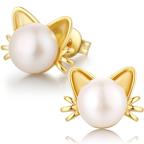 Ohrstecker Gold Katze Ohrringe Stecker Gold Perlenohrringe Silber Katzen Ohrstecker Perle Katzen Schmuck Weihnachts Ohrringe von jiamiaoi