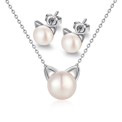 Jiamiaoi Katze Kette Perle Silber Katze Ohrringe Katzen Geschenk Set Katze Anhänger Halskette Katze Kette Perle Katze Perle Kette Damen Kette Silber Katze Schmuck Teenager Mädchen Kette von jiamiaoi