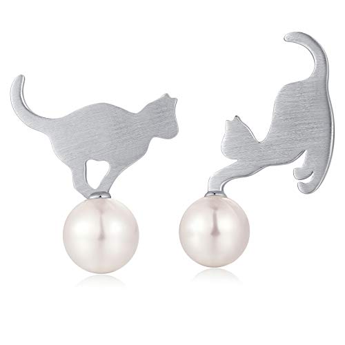 Jiamiaoi Katze Ohrringe Silber Perle Katze Ohrringe für Damen Katze Ohrstecker Silber 925 Ohrringe Mädchen Silber 925 Ohrringe Katzen Katzen Ohrringe Stecker Damen Katzen Ohrringe Ohrstecker Katze von jiamiaoi