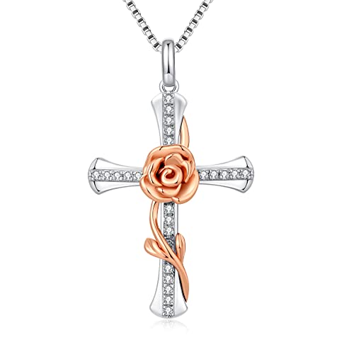 jiamiaoi Rosen Kreuz Kette Rose Anhänger Halskette Kreuz Anhänger Silber Damen Rose Blume Kette Rose Silberkette Damen 925 Rose Kette Rosen Silberkette mit Anhänger Kreuz Geschenke für Frauen von jiamiaoi