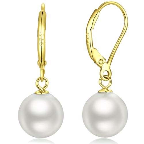 Perlen Ohrringe Gold Perlenohrringe Hängend Ohrringe mit Perlen Vergoldet Perlen Ohrhänger Ohrringe Gold Perle Hängende Perlenohrringe Gold Ohrringe Perlen Süßwasserperle 10MM von jiamiaoi