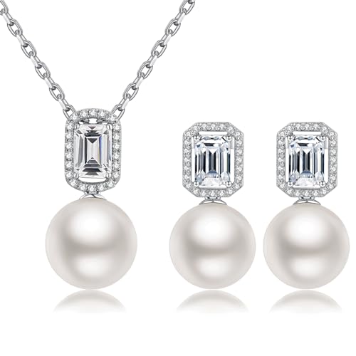 jiamiaoi 18K Weißgold platted Perlen Kette mit Ohrringe Schmuck Sets Perlenkette Silber 925 Silberkette mit Perle Perle Ohrhänger 925 Sterlingsilber Perlen Halskette von jiamiaoi