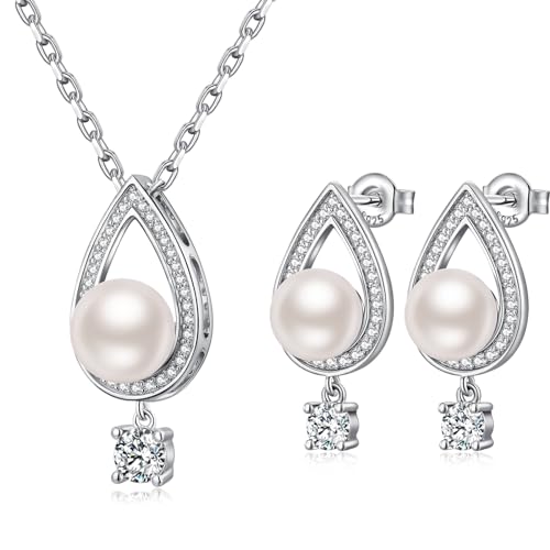 jiamiaoi 18K Weißgold platted Perlen Kette mit Ohrringe Schmuck Sets Perlenkette Silber 925 Silberkette mit Perle Perle Ohrhänger 925 Sterlingsilber Perlen Halskette von jiamiaoi