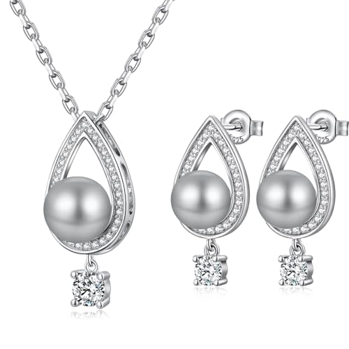 jiamiaoi 18K Weißgold platted Perlen Kette mit Ohrringe Schmuck Sets Perlenkette Silber 925 Silberkette mit Perle Perle Ohrhänger 925 Sterlingsilber Perlen Halskette von jiamiaoi