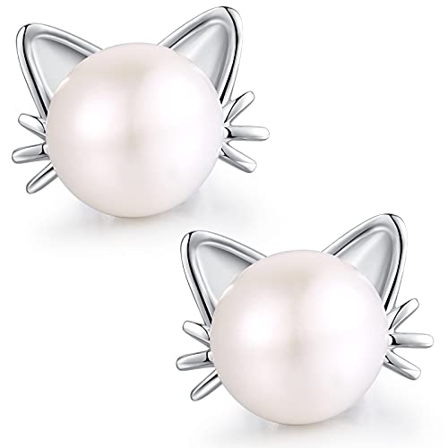 jiamiaoi Katzen Ohrringe Kinder Silber Perlenohrrirnge Katzen Ohrstecker 925er Silber Perlen Ohrringe Kinder Katzen Perlen Ohrstecker Perle Ohrringe Silber 7.5mm Süßwasser Perlenstecker von jiamiaoi