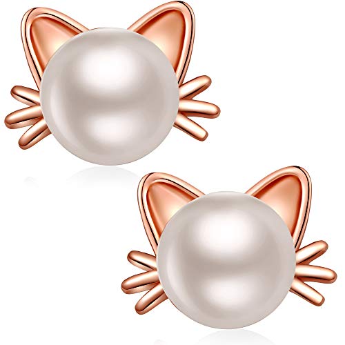 Katze Ohrringe Rosegold Ohrringe für Mädchen Katze Ohrstecker Katzen Ohrringe Silber 925 Perlen Ohrringe Rosegold Perlenohrrirnge Katze Katzen Perlen Ohrstecker Kinder Ohrringe Katze von jiamiaoi