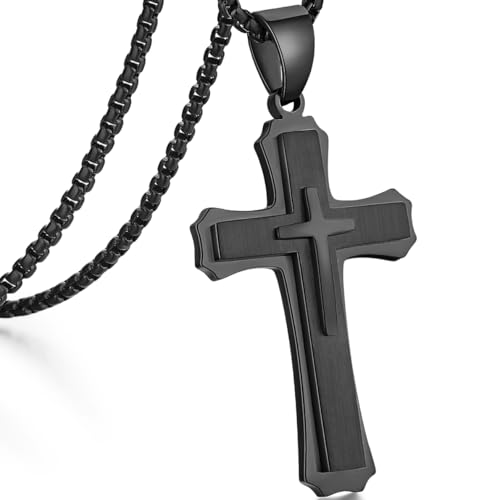 jiamiaoi Kreuz Kette Schwarz für Herren Damen Kreuz Halskette Edelstahl 316L Kruzifix Schmuck für Männer Schwarze Ketten 26” von jiamiaoi