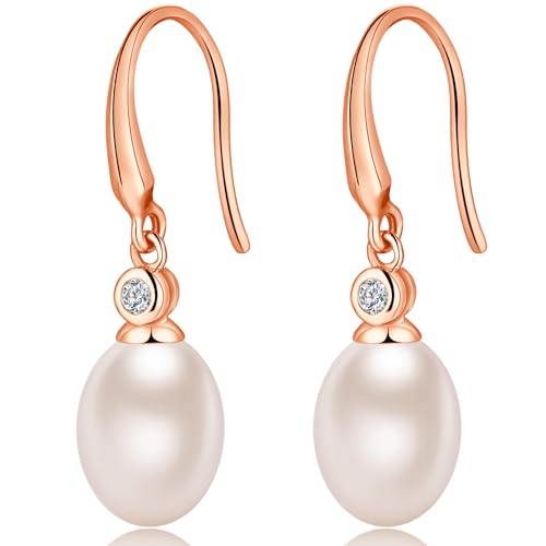 jiamiaoi Perlenohrringe Rosegold Hängend Rosegold Ohrringe Damen Ohrringe Roségold Hängend Perle Ohrhänger Süßwasserperlen 8mm von jiamiaoi