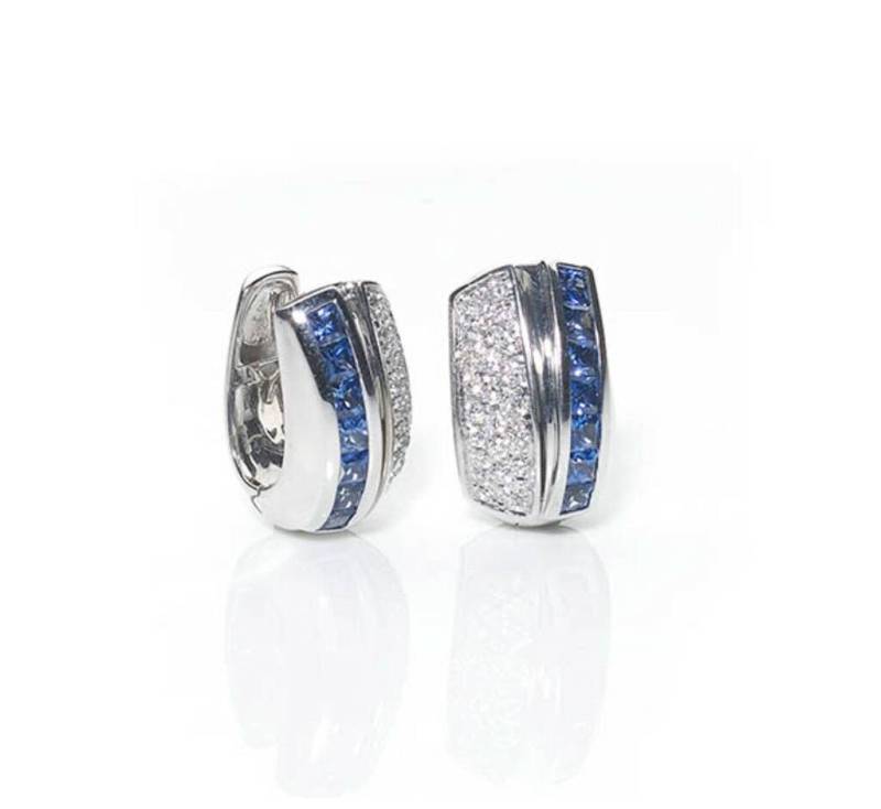 Faux Blauen Saphir Cz Diamant Huggie Ohrstecker | Princess Cut 14K Weißgold Finish 925 Sterling Silber Individuelles Designer Schmuck Geschenk von jiamijewels