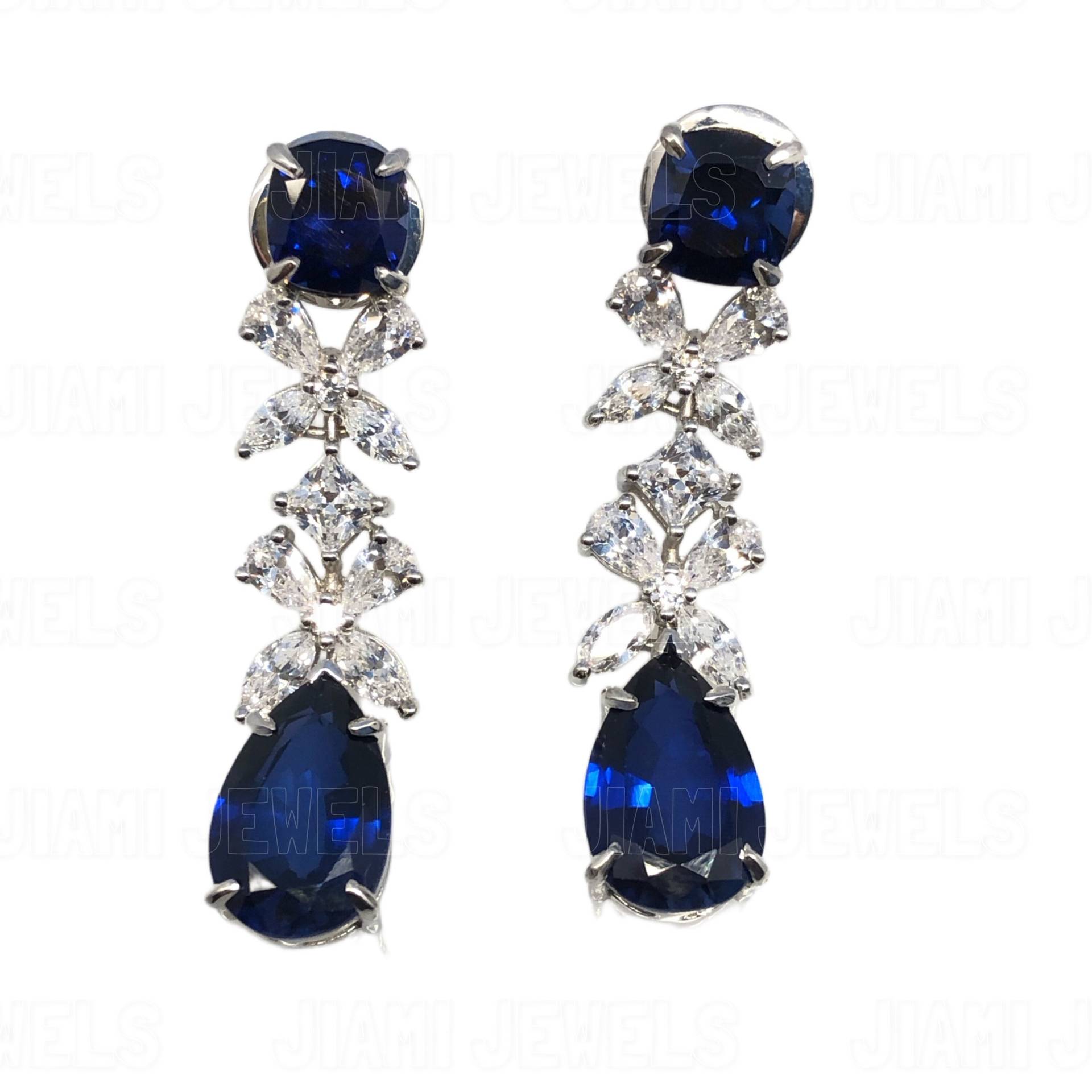 6Ct Pear Cut Royal Blue Sapphire Simulant Diamant Kronleuchter Tropfen Designer Ohrringe Weißgold-Finish Silber von jiamijewels