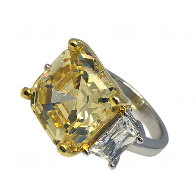 Chunky Canary Gelb Cz Diamant 3-Stein Ring - Kissenschliff Statement Cocktail Ring, 14K Weißgold Finish 925 Sterling Silber Geschenk Für Sie von jiamijewels