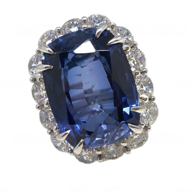 Großer Kissenschliff Faux Blauer Saphir Cz Hal Diamondo Ring - Art Deco Statement Verlobungsring 14K Weißgold-Finish 925 Silber Geschenk Sie von jiamijewels