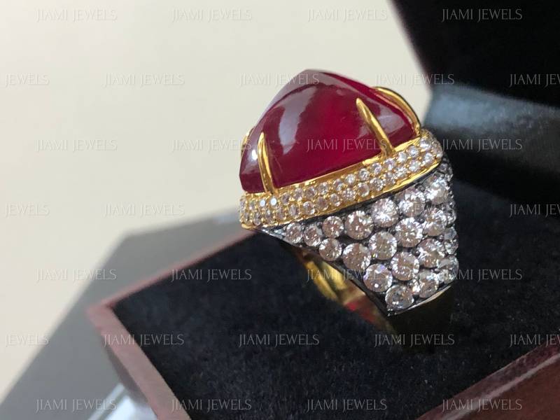 Vintage-Inspirierter Big Trillion Rubin Cz Diamant Ring, Art Deco Statement Style Filigran, 14K Gelbgold Finish 925 Sterling Silber Schmuck von jiamijewels