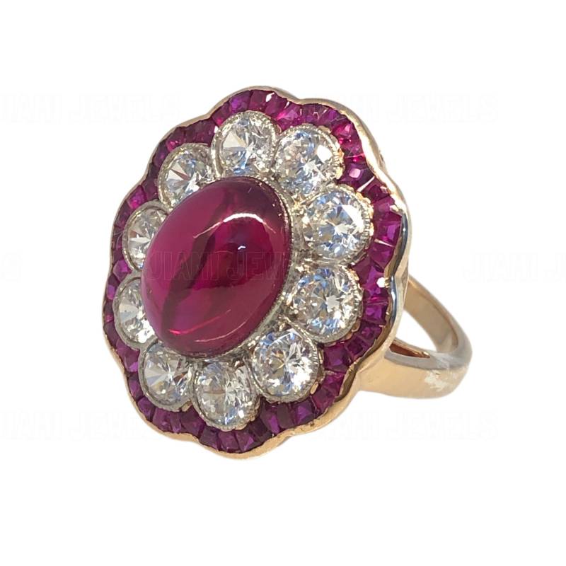 Lünette Set 6Ct Cabochon Simulierte Rubin Diamant Halo Deco Filigrane Aussage Vintage Antike Edwardian Stil Floral Ring 14K Rosegold Silber von jiamijewels