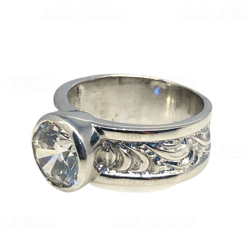 Bezel-Set Runder Moissanit Cz Solitär Verlobungsring | 14K Weißgold Finish Sterling Silber Twist Leaf Filigranes Design Geschenk Für Sie von jiamijewels