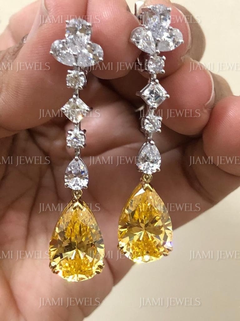 Pear Canary Gelb Simulierter Diamant Cz Baumeln Tropfen Ohrringe, Gelbe Kronleuchter Silber Ohrringe 14K Weißgold Finish 925 Sterling von jiamijewels