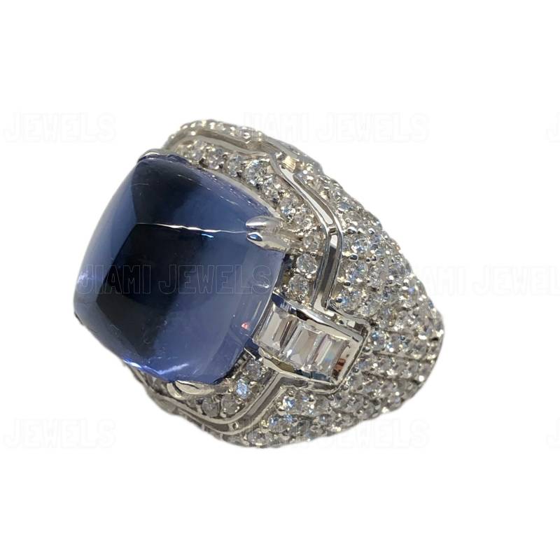 Cabochon Blauer Saphir Cz Diamant Ring 14K Weißgold Finish 925 Sterling Silber - Einzigartiger Zuckerhut Cocktail Party Statement Schmuck von jiamijewels