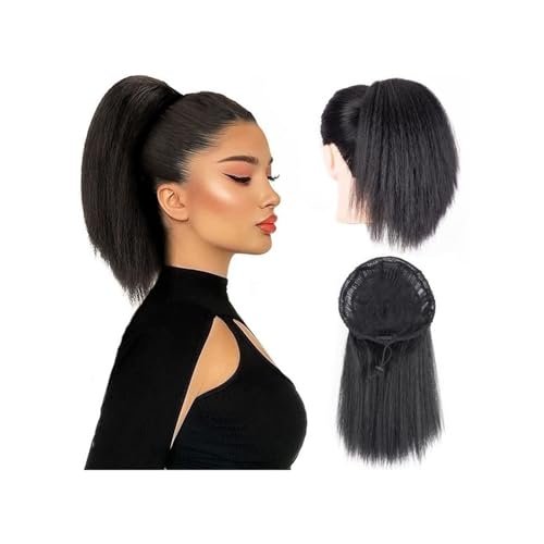 Ponytail Extension 10 Zoll verworrener gerader Pferdeschwanz Afro Puff Yaki gerade Kordelzug Pferdeschwanzverlängerung for schwarze Frauen synthetischer falscher Pferdeschwanz(Natural Black) von jianguohairsss