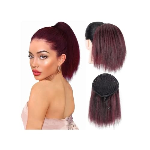 Ponytail Extension 10 Zoll verworrener gerader Pferdeschwanz Afro Puff Yaki gerade Kordelzug Pferdeschwanzverlängerung for schwarze Frauen synthetischer falscher Pferdeschwanz(Wine Red) von jianguohairsss
