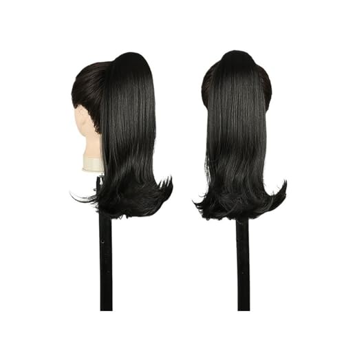 Ponytail Extension Kurze schwarze Pferdeschwanz-Haarverlängerung mit Kordelzug for schwarze Frauen, 14 Zoll, gerader Pferdeschwanz mit Locken am Ende, synthetische falsche Haarteile(1B) von jianguohairsss