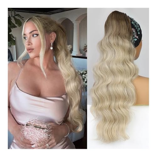Ponytail Extension Synthetischer, langer, gewellter Pferdeschwanz mit Kordelzug for Frauen, synthetische, gewellte Haarverlängerung for Anklipsen, Haarteil, Kunsthaar(R-ombre platinum) von jianguohairsss