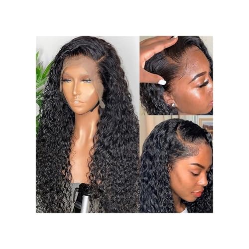 13x4 gelockte Lace-Front-Perücke, Echthaar, vorgezupft, 180% Dichte, brasilianische tiefwellige Lace-Frontal-Perücke mit Babyhaar for schwarze Frauen, Naturschwarz Daily Use(16inches) von jianjunchaling