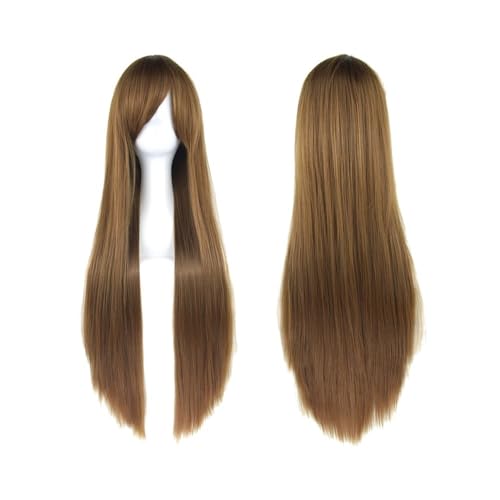 80 cm lange, glatte Perücke, Cosplay-Perücke, synthetische Perücken mit Pony for Halloween, Anime-Haar for Damen, Kostümparty Daily Use(Brown) von jianjunchaling